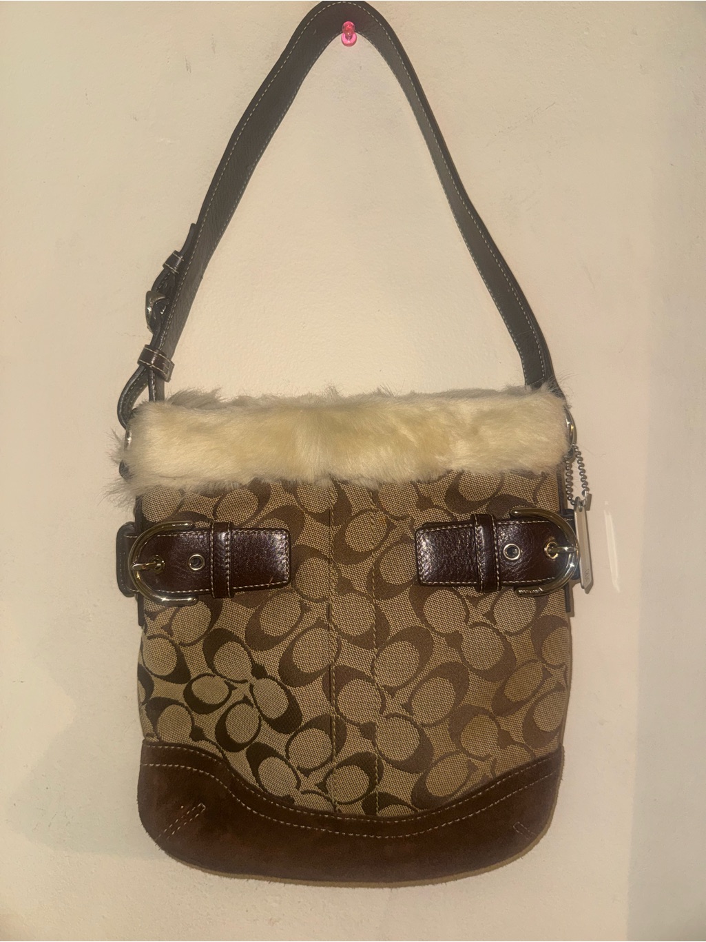 Coach Brown Signature Canvas Shoulder Bag With Cream Fur Trim